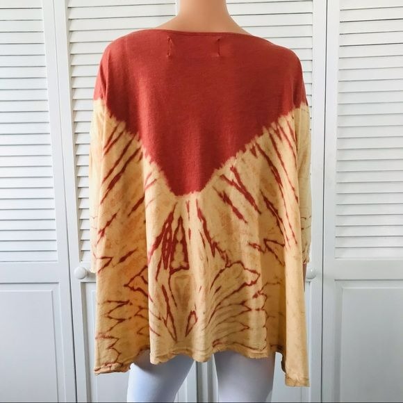 FREE PEOPLE Red Yellow Boho Dip Dye Tie Dye Shirt Size M