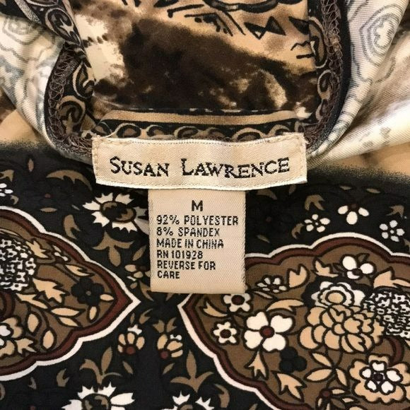 SUSAN LAWRENCE Brown Black Printed V-Neck Shirt Size M
