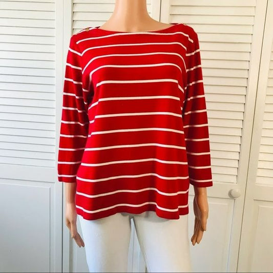 LANDS’ END Red White Striped Cotton Shirt Size L