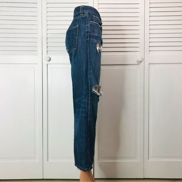 CURRENT/ELLIOT Blue Distressed Raw Hem Baggy Straight Leg Ankle Jeans Size 27