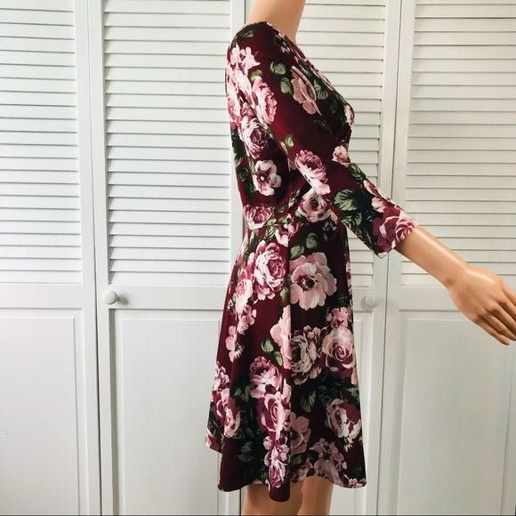 BY BY Burgundy Floral Criss Cross Back Dress Size L
