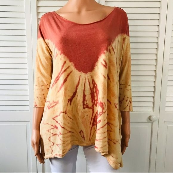FREE PEOPLE Red Yellow Boho Dip Dye Tie Dye Shirt Size M