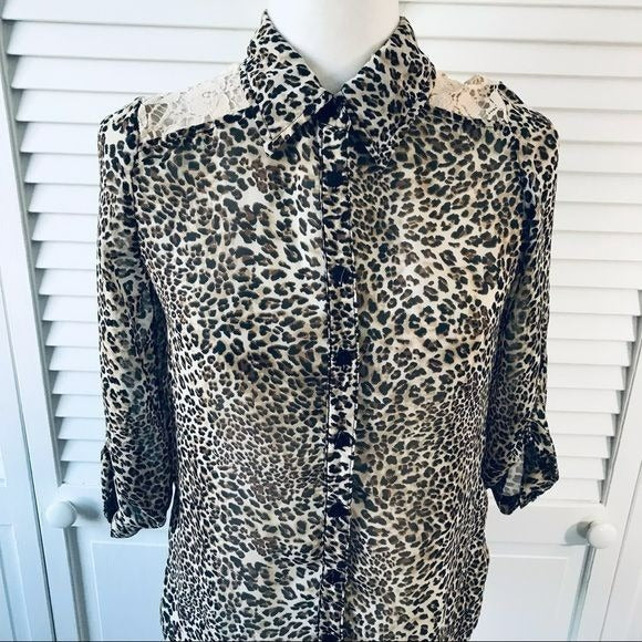 IZ BYER Cheetah Print Button Down Blouse
