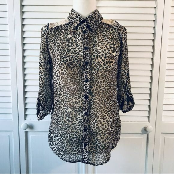 IZ BYER Cheetah Print Button Down Blouse