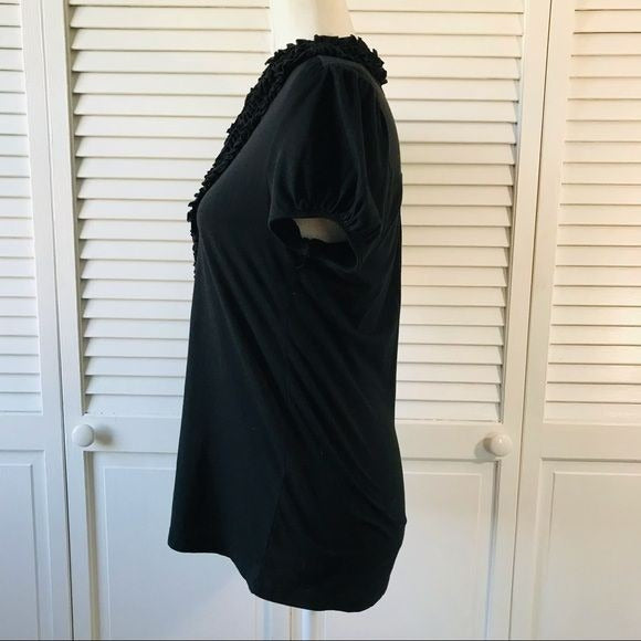 LOFT Black Ruffle Collar Short Sleeve Shirt Size M