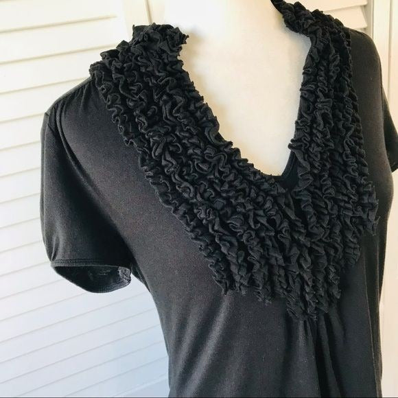 LOFT Black Ruffle Collar Short Sleeve Shirt Size M