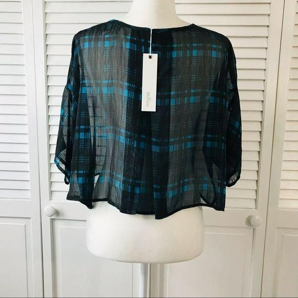 *NEW* MILLAU Black Blue Plaid Oversized Crop Top Size S