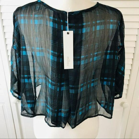 *NEW* MILLAU Black Blue Plaid Oversized Crop Top Size S