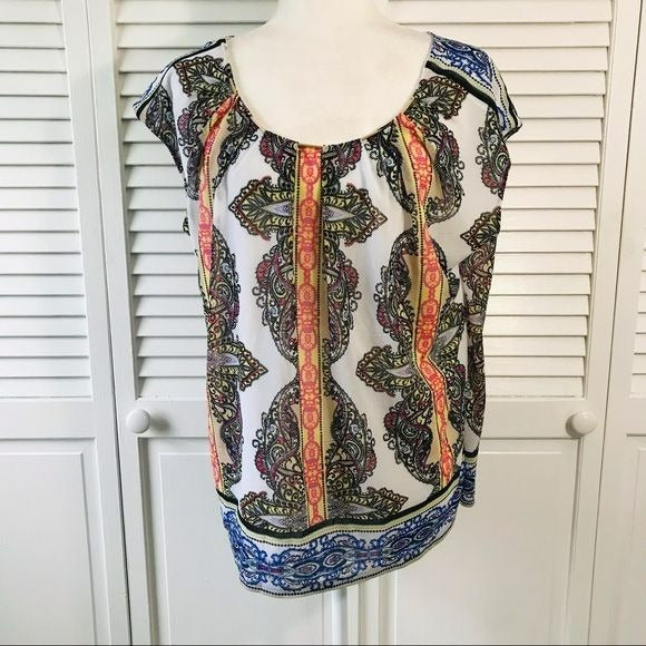 DANA BUCHMAN White Colorful Sleeveless Blouse Size XL