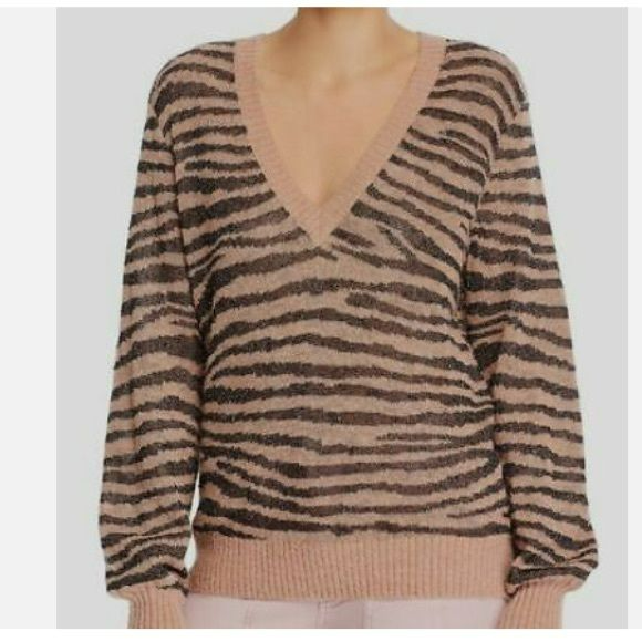 JOIE Black Brown Tiger Stripe V-Neck Long-Sleeve Alpaca Metallic Sweater Size M