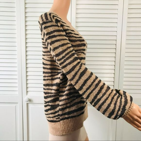 JOIE Black Brown Tiger Stripe V-Neck Long-Sleeve Alpaca Metallic Sweater Size M
