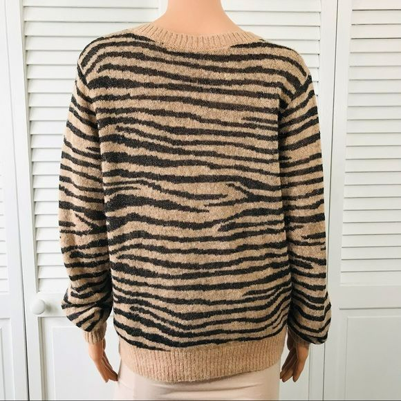 JOIE Black Brown Tiger Stripe V-Neck Long-Sleeve Alpaca Metallic Sweater Size M