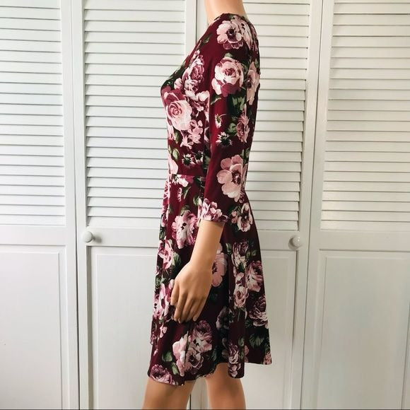 BY BY Burgundy Floral Criss Cross Back Dress Size L