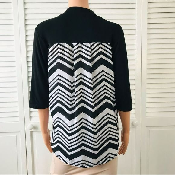 CHA CHA VENTE Black White 3/4 Sleeve Shirt Size Petite M