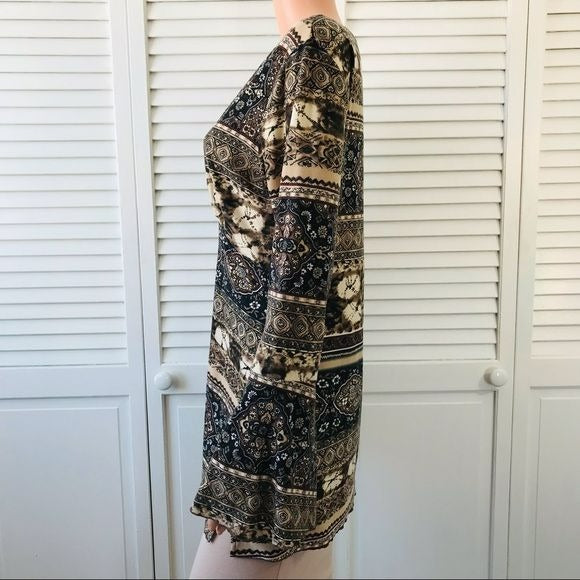SUSAN LAWRENCE Brown Black Printed V-Neck Shirt Size M