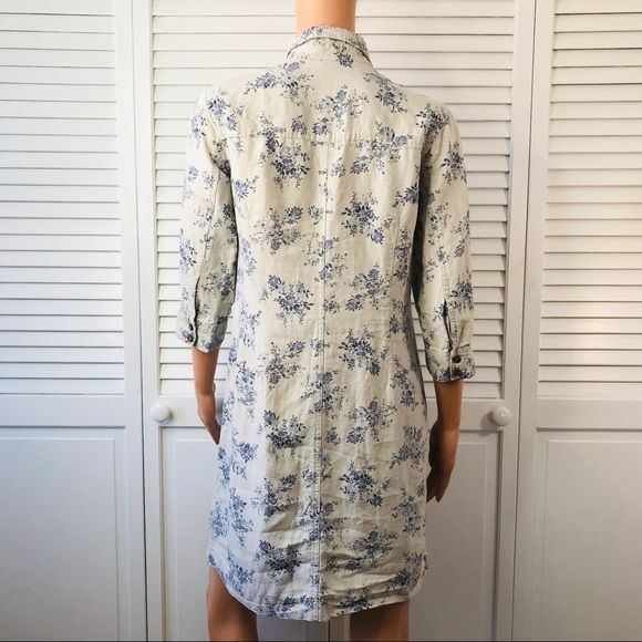 EDDIE BAUER Blue Floral Linen 3/4 Sleeve Shirt Dress Size PS