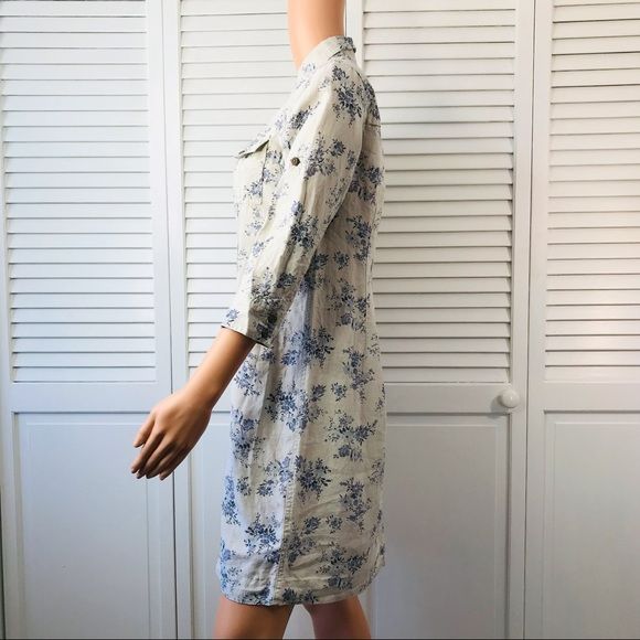 EDDIE BAUER Blue Floral Linen 3/4 Sleeve Shirt Dress Size PS