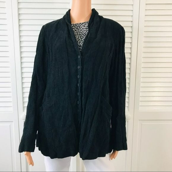 EILEEN FISHER Black V-Neck Crinkle Design Sparkle Jacket