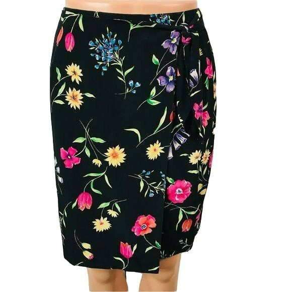 TALBOTS Petites Silk Black Floral Wrap Skirt Size 4P