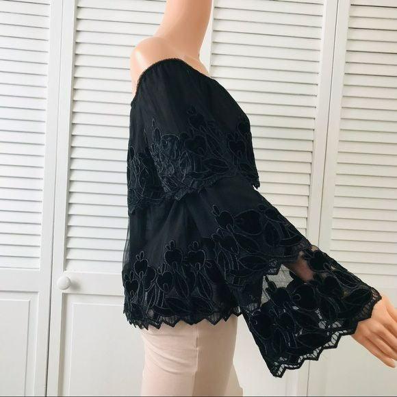 ENDLESS ROSE Black Floral Sheer Off The Shoulder Top Size S
