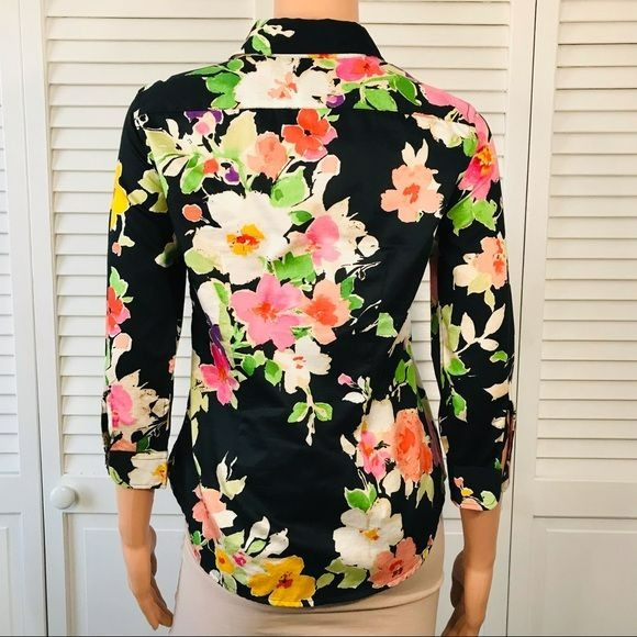 LAUREN RALPH LAUREN Petite Black Floral Button Down Shirt Size XS