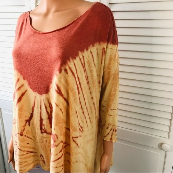FREE PEOPLE Red Yellow Boho Dip Dye Tie Dye Shirt Size M