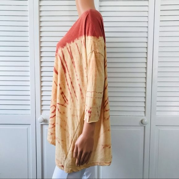 FREE PEOPLE Red Yellow Boho Dip Dye Tie Dye Shirt Size M