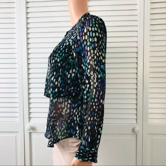 BANANA REPUBLIC Black Printed Sheer Button Down Blouse Size Petite XS