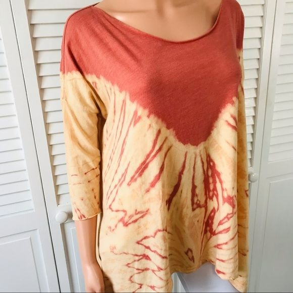 FREE PEOPLE Red Yellow Boho Dip Dye Tie Dye Shirt Size M