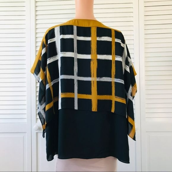ALFANI Black Layered Brushstroke Short Sleeve Blouse Size 16