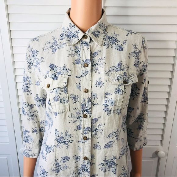 EDDIE BAUER Blue Floral Linen 3/4 Sleeve Shirt Dress Size PS