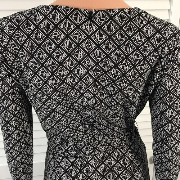 LAUREN RALPH LAUREN Black White Printed Belted Dress Size 0
