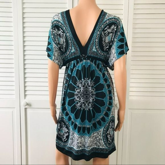 BODY CENTRAL Multicolor Elastic Waist Deep V-Neck Short Sleeve Dress