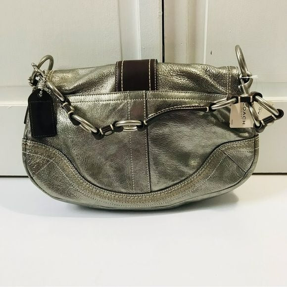 COACH Metallic Silver Flap Versatile Leather Handbag