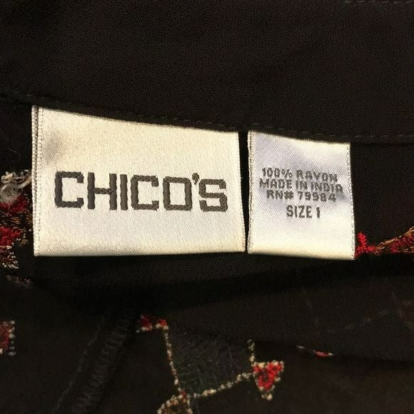 CHICO’S Black Vintage Hand-stitched Asymmetrical Raw Hem Blouse Size M