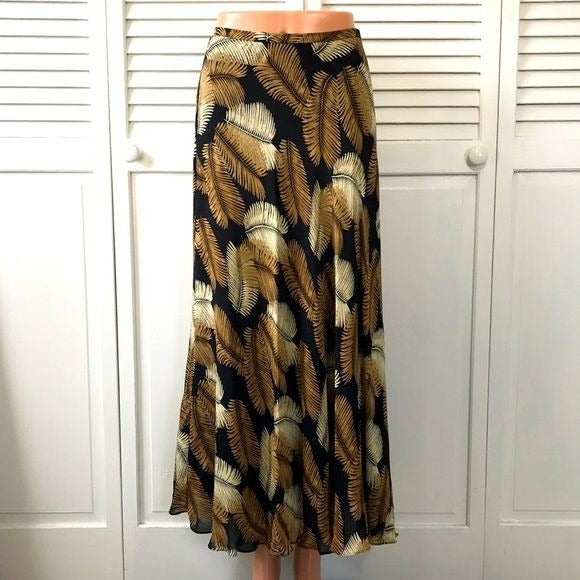 JONES NEW YORK Black Brown Leaf Print Silk Maxi Skirt Size 2P
