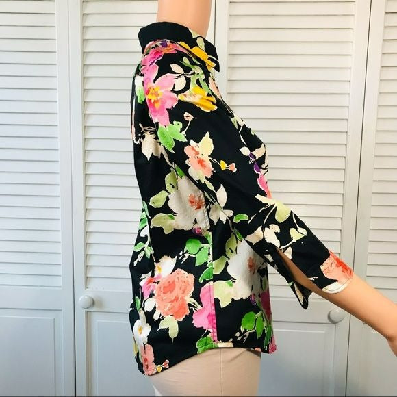 LAUREN RALPH LAUREN Petite Black Floral Button Down Shirt Size XS
