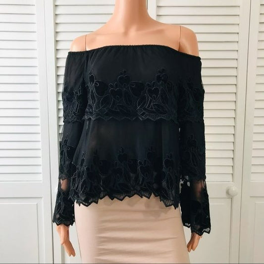 ENDLESS ROSE Black Floral Sheer Off The Shoulder Top Size S