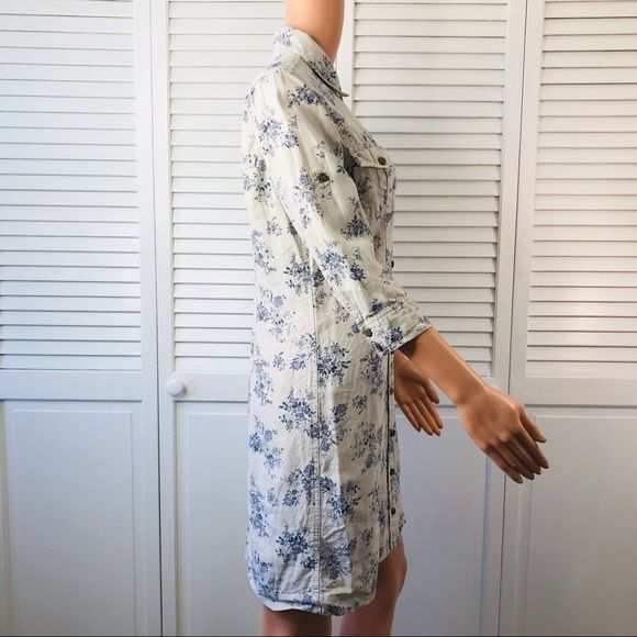 EDDIE BAUER Blue Floral Linen 3/4 Sleeve Shirt Dress Size PS
