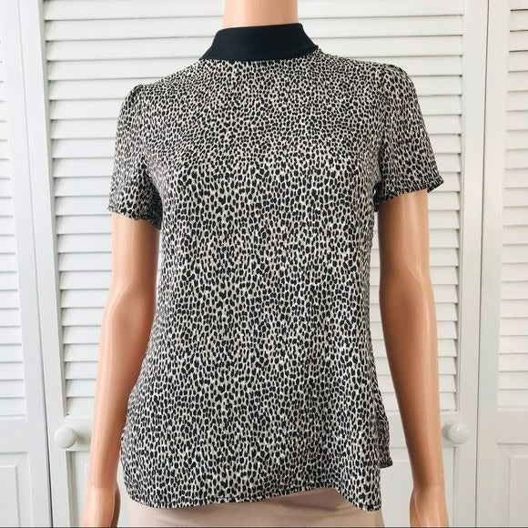 ANN TAYLOR Black Beige Animal Print Short Sleeve Blouse Size Petite XS