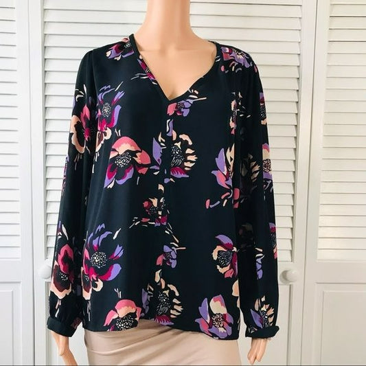 J. CREW Navy Blue Floral V-Neck Blouse Size 16