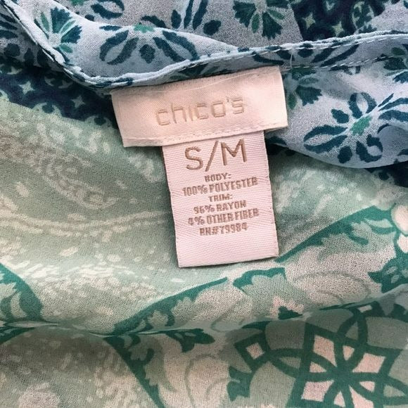 CHICO’S Blue V-Neck Semi Sheer Short Sleeve Fringe Poncho Blouse Size S/M