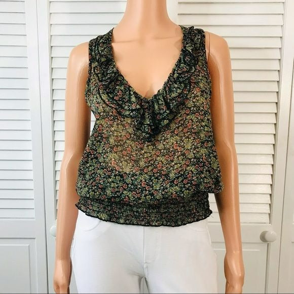 AMERICAN RAG CIE Black Semi Sheer Floral Sleeveless Blouse Size L