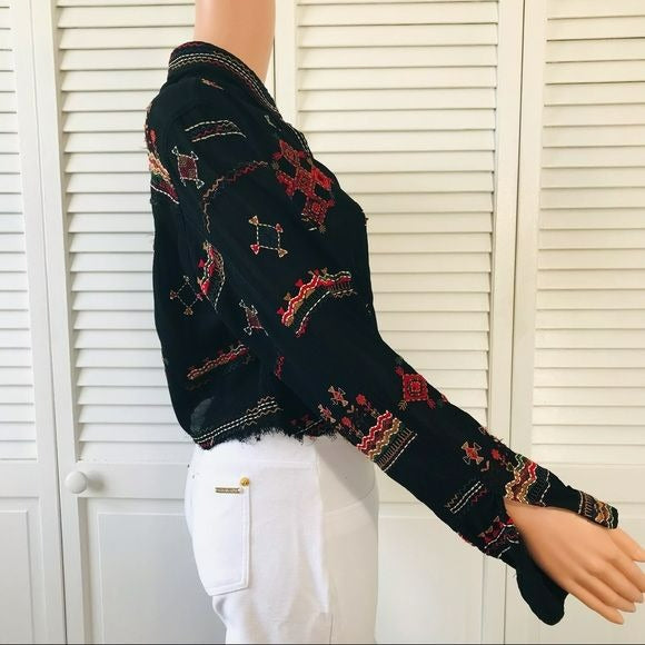 CHICO’S Black Vintage Hand-stitched Asymmetrical Raw Hem Blouse Size M