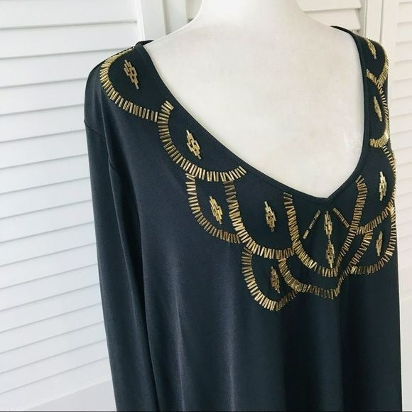 ROAMAN’S Black V-Neck Shirt With Gold Embellishments Size 18/20