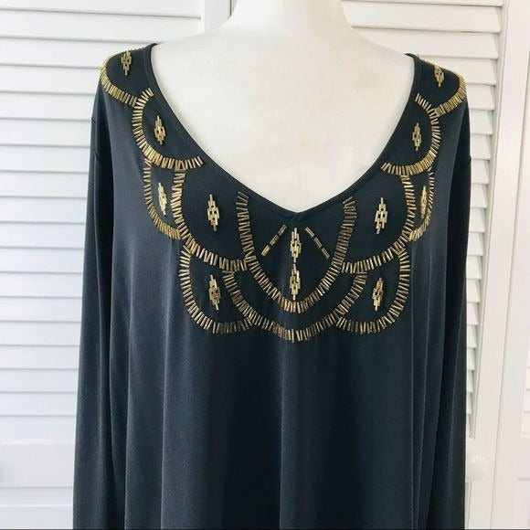 ROAMAN’S Black V-Neck Shirt With Gold Embellishments Size 18/20