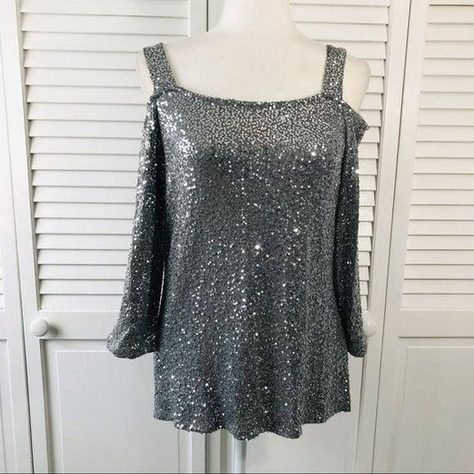 *NEW* INC Silver Gray Cold Shoulder Sequin Top Size M