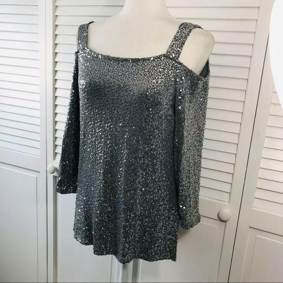 *NEW* INC Silver Gray Cold Shoulder Sequin Top Size M