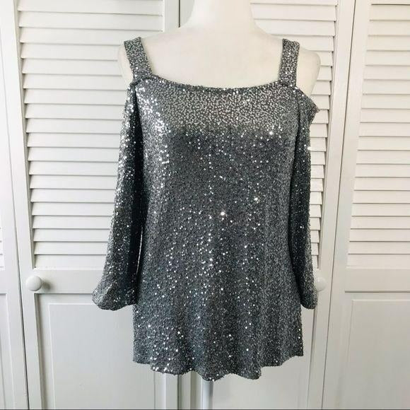 *NEW* INC Silver Gray Cold Shoulder Sequin Top Size M