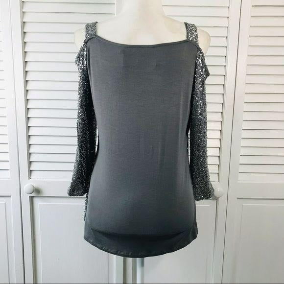 *NEW* INC Silver Gray Cold Shoulder Sequin Top Size M